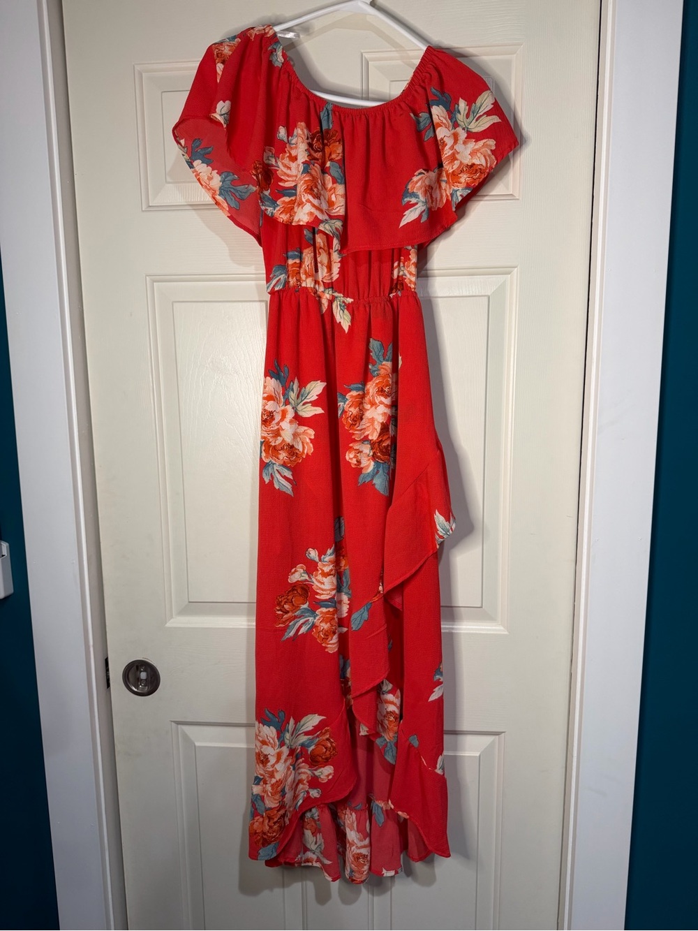 Mimi Chica Red Floral Ruffled Off-Shoulder Maxi Dress